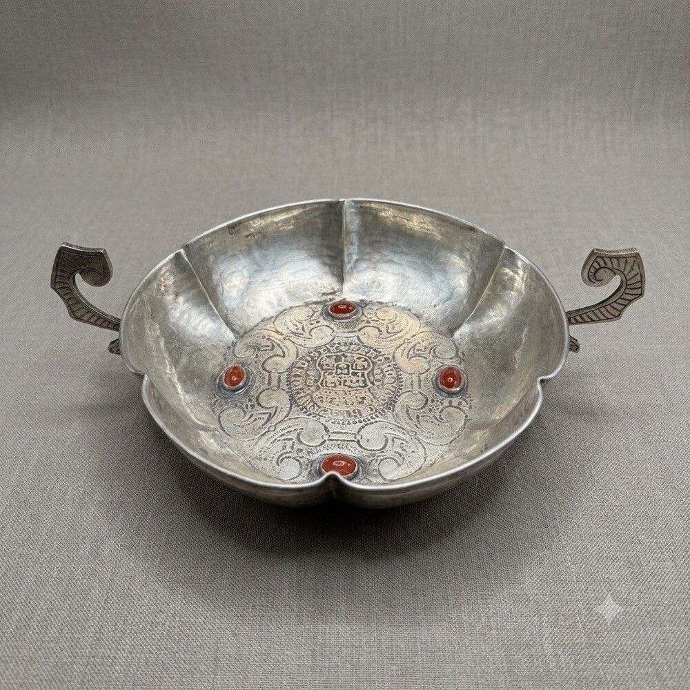 Vintage Alpaca Silver Spanish Colonial Style Bowl Ferdinand VI 8 Coin Carnelian